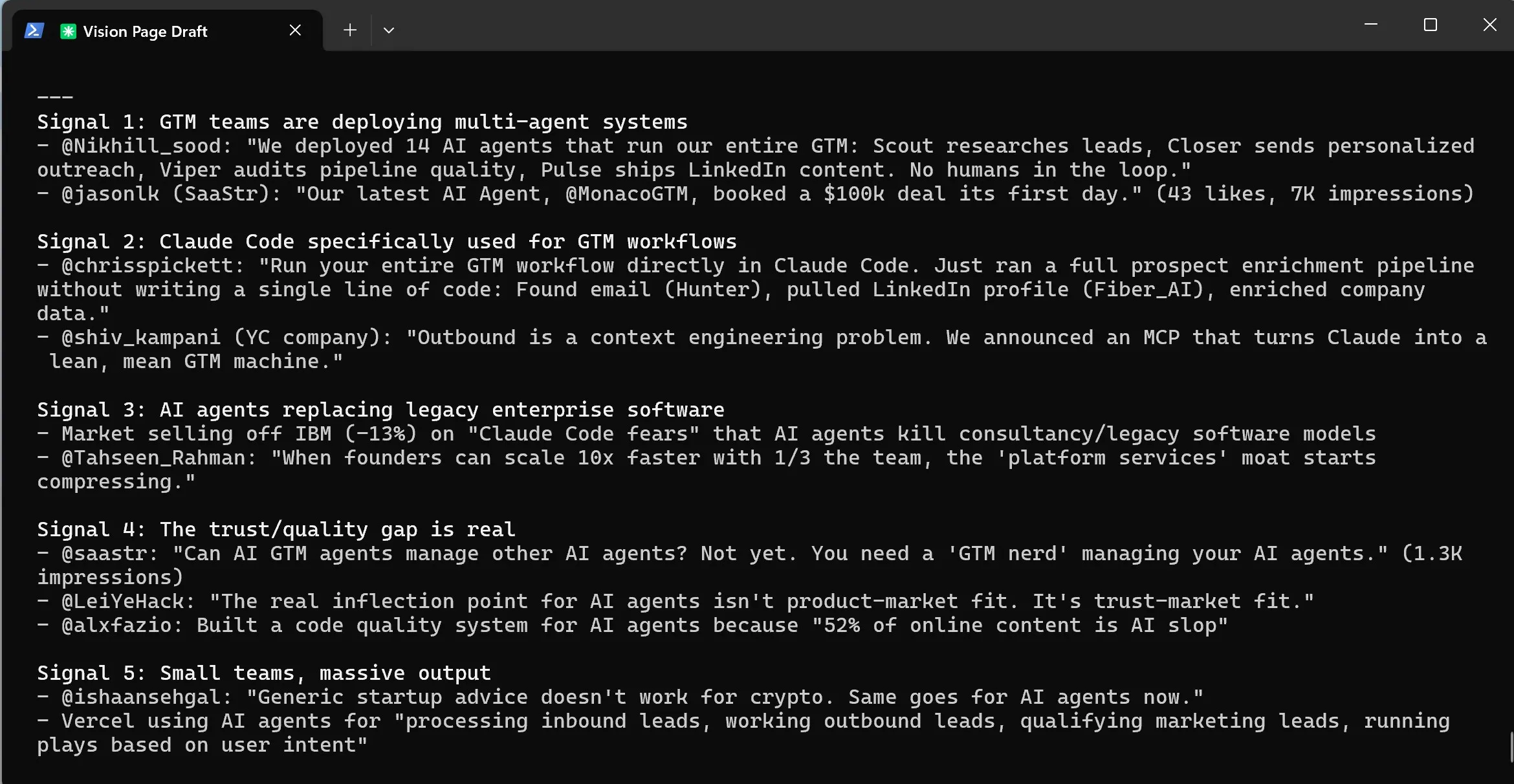 Signal analysis from X API showing five themes: multi-agent GTM systems, Claude Code for GTM workflows, legacy software disruption, the trust gap, and small teams with massive output